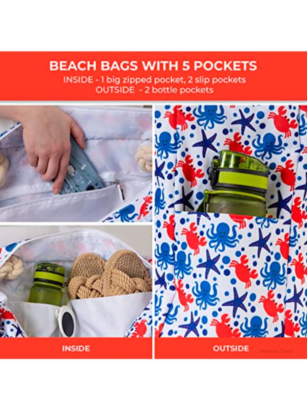 Water-Repellent Large Beach Tote Bag with Pockets & Airtight Pouch - Picture 6 of 6